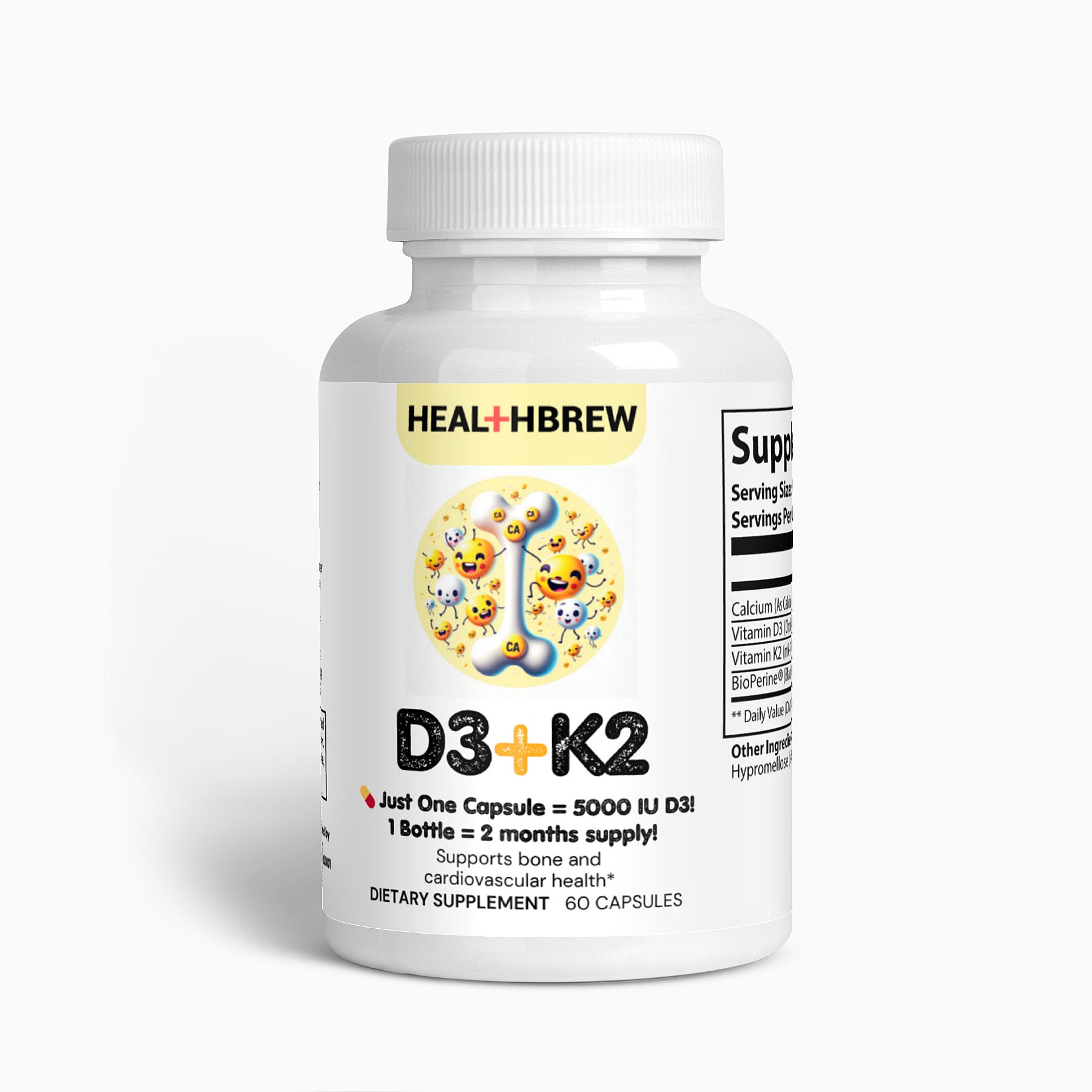 Suplemento de vitamina D3 y K2 de 5000 UI de HealthBrew: mejora la salud de los huesos y el corazón. Vitamina D3 5000 UI y K2 MK7 100 mcg veganos