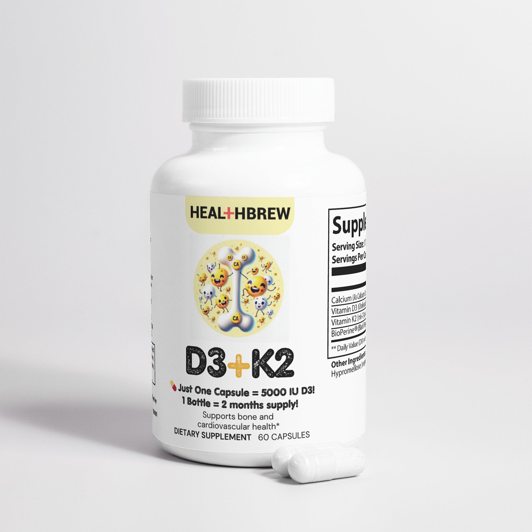 Suplemento de vitamina D3 y K2 de 5000 UI de HealthBrew: mejora la salud de los huesos y el corazón. Vitamina D3 5000 UI y K2 MK7 100 mcg veganos